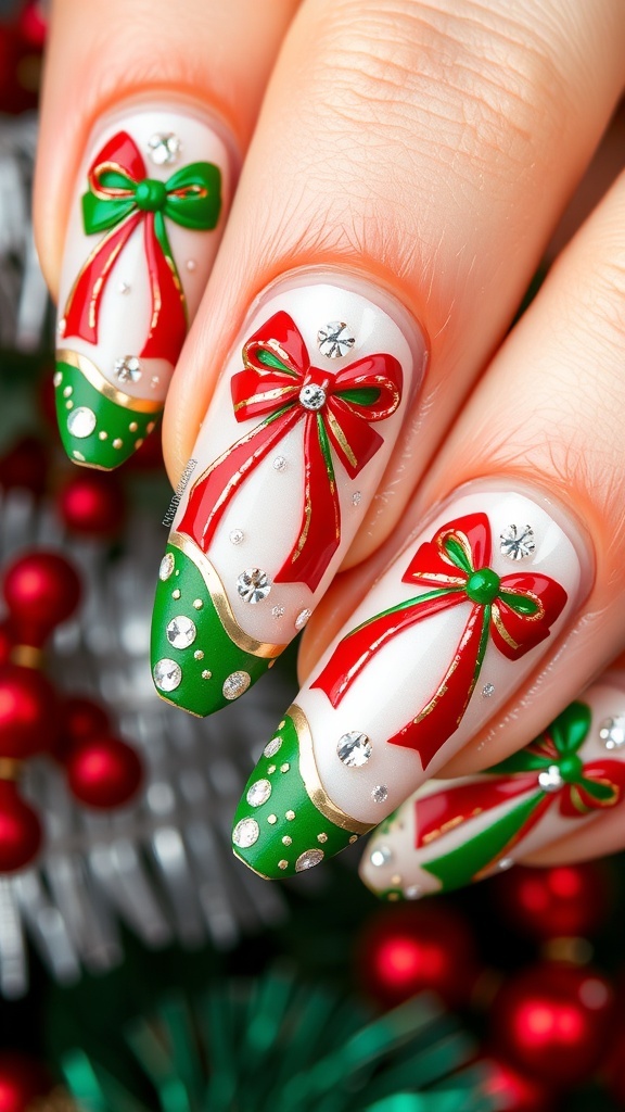 Christmas nail art with red and green colors and ribbon designs.